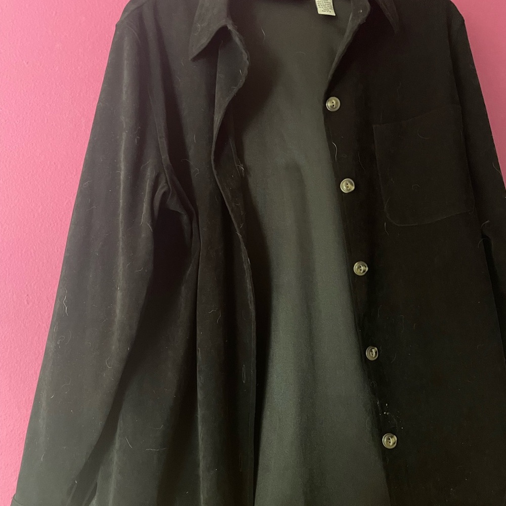 Women’s Faux suede-like button up shirt. Size 12. 97% Polyester and 3% Spandex.